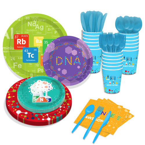 141 PCS Science Party Value Party Supplies Pack (16 Guests) Science Party Decorations Supplies Tableware Including Mad Science Birthday Paper Plates Dessert Plates Cups Napkins Disposable Tableware