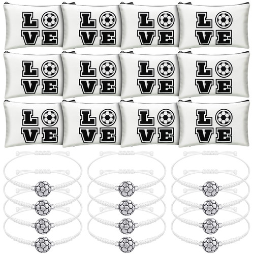 Sweetude 24 Pcs Soccer Gifts 12 Pcs Soccer Makeup Bag 12 Pcs Adjustable Soccer Bracelet Soccer Accessories Gifts for Boys Girls Team Players Soccer Birthday Party Favors Supplies Travel Soccer Charms
