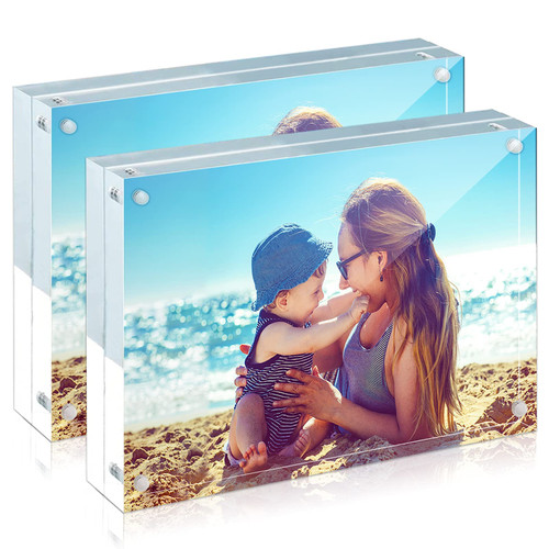 HELPLEX Acrylic Frame, 2 Pack 4x6 Acrylic Picture Frames, 20mm Thicker Frameless Clear Frame Double Sided Magnetic Frame, Free Standing Desktop Display Stand Acrylic Frames