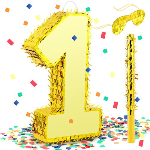 Gold Foil Number Pinata Small Kids Birthday Party Pinata with Gold Blindfold 15.75 Inches Stick and Confetti for Birthday Party Decorations Anniversary Celebrations Supplies Favors (Number 1)