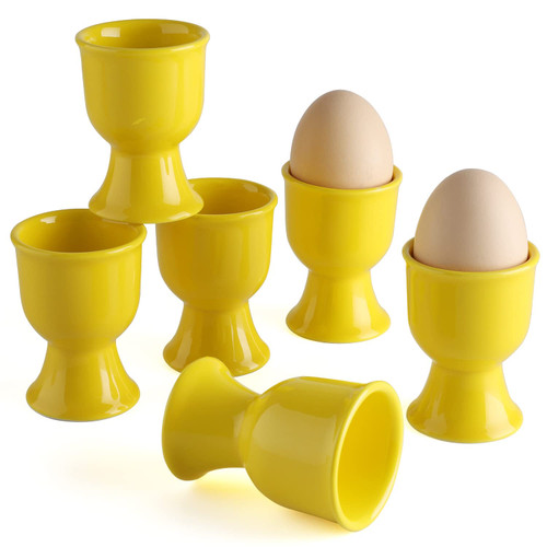 Ceramic Egg Cups Set of 6 Porcelain Egg Stand Holders for Soft Hard Boiled Eggs for Breakfast (Yellow)