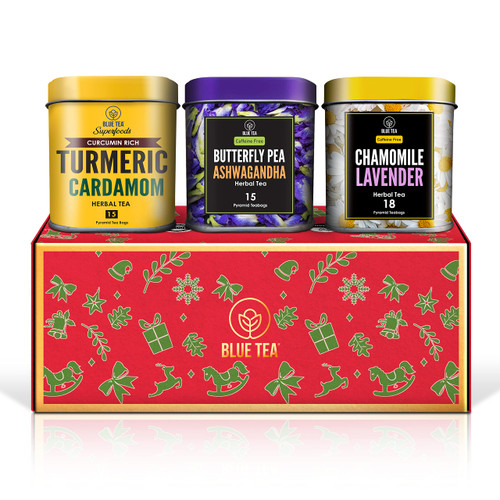 BLUE TEA - Tea Gift Pack - 3 Tin Sets (Herbal Tea) - Chamomile lavender (18 TB)- Turmeric cardamom (15TB) - Butterfly Pea Ashwagandha (15TB) - directly from source - Caffeine & Gluten Free | Non-GMO