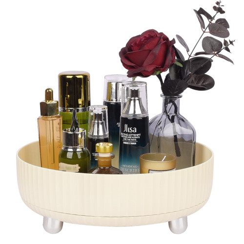 Makeup Perfume Organizer Tray 360 Degree Rotating Lazy Susan Skincare Lotion Organizer Spinning Cosmetics Storage for Dresser, Vanity, Bathroom Countertop, Large Beige