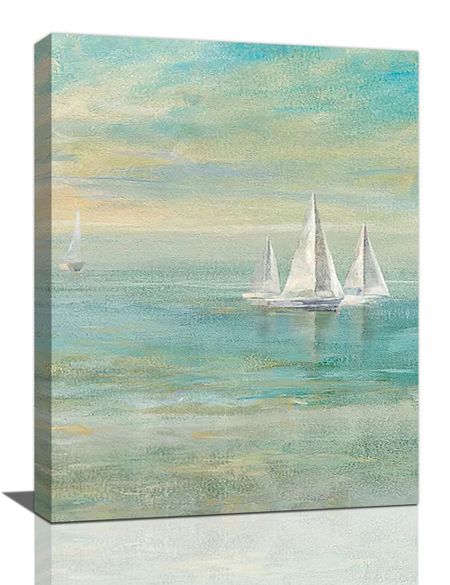 Nautical Sailboat Bathroom Decor Wall Art Coastal Beach Pictures Wall Decor Ocean Canvas Prints Painting Sailboat Decorations Framed Artwork for Bathroom Living Room Bedroom 12"x16"