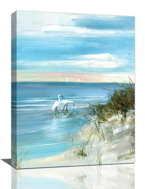 reoqeosy Coastal Beach Bathroom Decor Wall Art Heron Sailboat Wall Decor Ocean Scenery Pictures Seascape Bird Canvas Painting Framed Artwork for Living Room Bathroom Bedroom 12''x16''