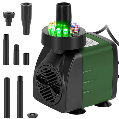 Submersible Pond Fountain Pump with LED Light, 7.2ft Water Pump,Aquarium Pump with 3 Nozzles,Fountains Pump for Small Ponds,Garden, Aquariums, Fish Tanks, Indoor Outdoor Fountain Green