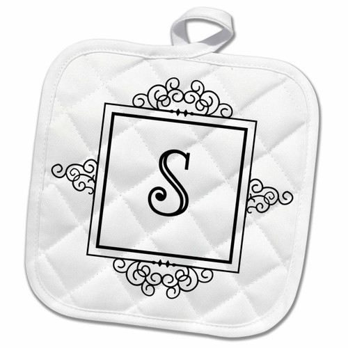 3D Rose Initial Letter S Monogrammed Fancy Black and White Typography Personalized Pot Holder, 8 x 8