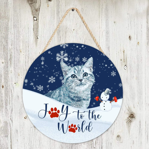 Alioyoit Rustic Round Wooden Pallet Sign Joy to The World Cat And Snowman Welcome Sign Distressed Look Wood Craft Sign Plaque Craft Sign Plaque for Front Door Yard Christmas Xmas Home Decor 6 Inch