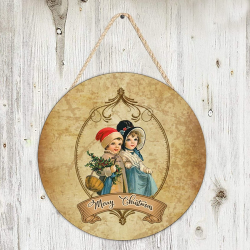Alioyoit Rustic Round Wooden Sign Plaque Victorian Style Merry Christmas Farmhouse Welcome Sign Door Hanger Sign Nostalgic Wood Craft Sign Plaque Wall Decor for Front Door Christmas Xmas Decor 6 Inch