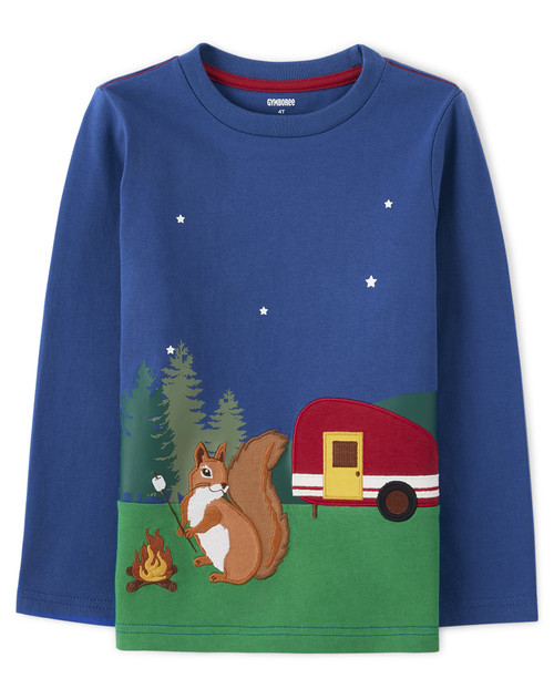 Gymboree Boys and Toddler Embroidered Graphic Long Sleeve T-Shirts, Camping Squirrel, 5T
