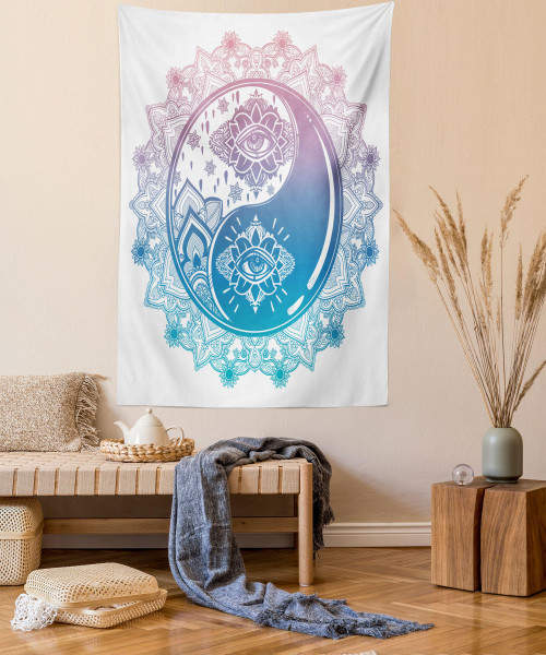Ambesonne Ying Yang Tapestry, Mandala Round Ombre Pattern with Yin Yang Third Eye Cultural Art, Wall Hanging for Bedroom Living Room Dorm Decor, 40" X 60", Pink Blue