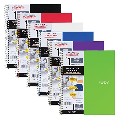 Five Star Spiral Notebooks, 1 Subject, Graph Ruled Paper, 100 Sheets, 11" x 8-1/2", Color Will Vary, 2 Pack (73531)
