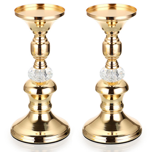 OwnMy Set of 2 Gold Metal Pillar Candlestick Holders Vintage Brass Pillar Candle Holders, 8.3" H Elegant Metal Crystal Pillar Candle Stands for Wedding Table Centerpiece Fireplace Home Candle Decor
