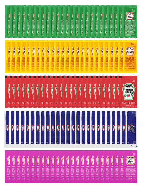 Condiment Packets On the Go, Ketchup, Mustard, Relish, Mayo, Hot Taco, 25 Each, 125 Packets Total