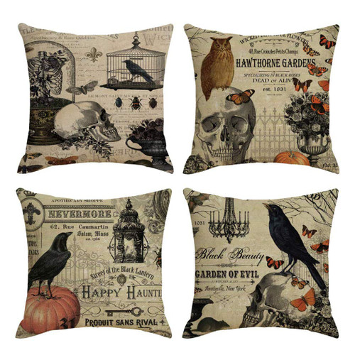 PSDWETS Happly Halloween Decorations Crow Skull and Pumpkin Pillow Covers Set of 4 Home Decor Cotton Linen Throw Pillow Covers Cushion Cover 20 X 20