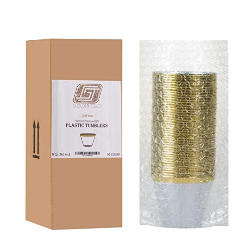 Gold Plastic Cups - 9oz. 50 Pack - Disposable Party Cups with Gold Rimmed - Elegant Wedding Tumblers - Elegant Party Supplies & Decorations - Old Fashioned Tumblers