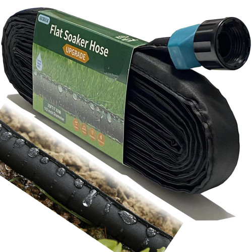 Secbulk Flat Soaker Hose for Garden Beds 10 25 50 75 ft, 25" Short Linkable Drip Irrigation Hose Save 80% Water, Leakproof Watering Hose with Holes