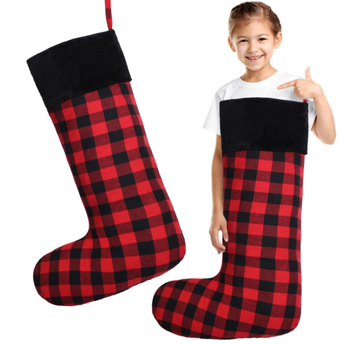 2 Pcs 43 Inches Big Christmas Stockings Extra Large Jumbo Giant Buffalo Plaid Stockings Black Red Oversized Xmas Stocking Huge Stocking for Family Kids Christmas Tree Party Holiday Decor (Black Plush)