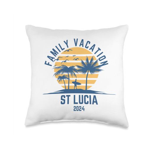 Sunset Surfing in St Lucia 2024 Vintage St Lucia Palm Tree Surfing-Caribbean Sunset Vibes Throw Pillow, 16x16, Multicolor