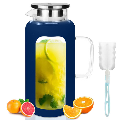 AiHeart Glass Pitcher with Lid,64 oz Glass Water Pitcher with Spout and Silicone Sleeves,Pitcher for Fridge,Iced Tea Pitcher,Hot/Cold Glass Water Jug,Milk,Coffee,Juice Beverage(Blue)