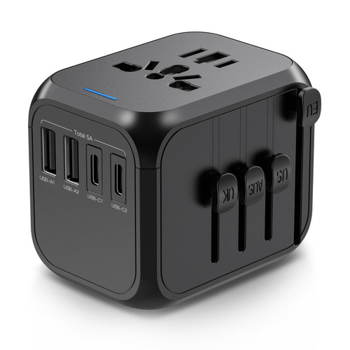 Universal Travel Adapter, International European Travel Plug Adapter with 2 USB C and 2 USB A Ports, All-in-1 Worldwide Travel Power Adaptor Charger for USA EU UK AUS Universal Travel Adapter, International European Travel Plug Adapter with 2 USB C and 2 USB A Ports, All-in-1 Worldwide Travel Power Adaptor Charger for USA EU UK AUS