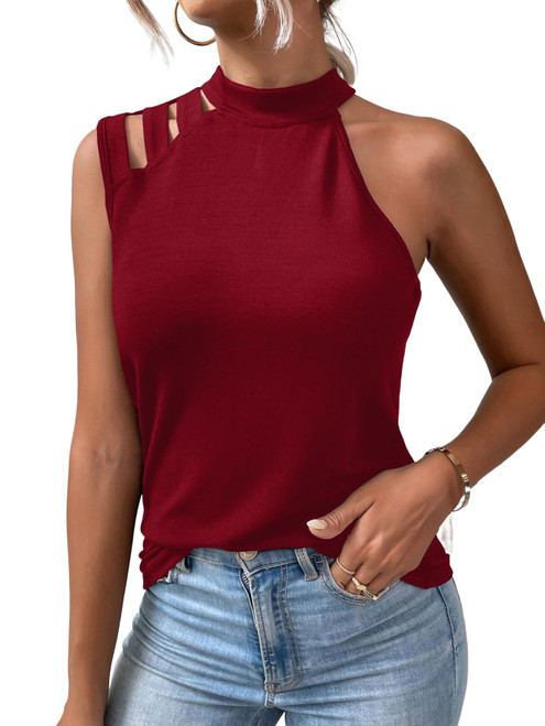 Floerns Women's Cut Out Mock Neck Asymmetrical Sleeveless Causal Tank Top Red M