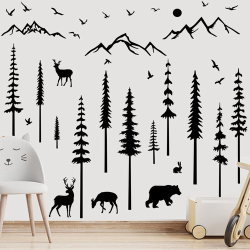 Large Woodland Nursery Decor Pine Tree Wall Decals Forest Nursery Decor Boy Nursery Decor Peel And Stick Wall Decal Mountain Forest Animals Wall Decals For Walls Kids Room Living Room Nursery Decor (Large, Black)