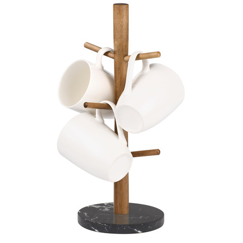 Buruis Wood Mug Holder, Marble Base Cup Rack Tree, Mug Stand Hanger, Kitchen Coffee Mug Tree Countertop Tea Cups Holder Stand, Coffee Cup Dryer with 6 Hooks (Round Base Black)