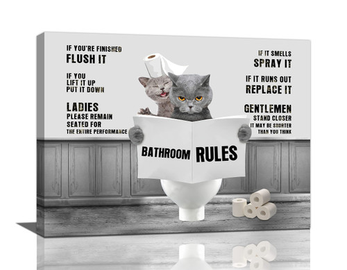 Cat Bathroom Wall Art Funny Cats in Toilet Bathroom Pictures for Wall Bathroom Rules Canvas Print Painting Black and White Bathroom Decor Farmhouse Framed Artwork for Bathroom Ready to Hang 12"x16"