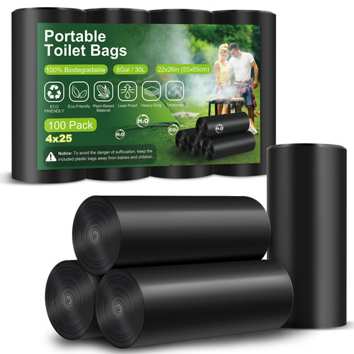 Ultra Strong Portable Toilet Bags 100 Count, 5-8 Gallon Bucket Liner, Thickened Biodegradable Camping Toilet Bags for Collapsible Portable Potty, Camp Compostable Toilet Bags, Travel Potty Bags