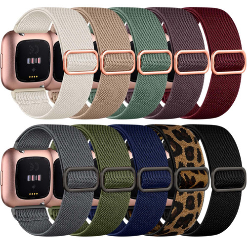 Fuleda 10 Pack Elastic Sport Nylon Band Compatible for Fitbit Versa/Versa Lite/SE/Fitbit Versa 2 Bands for Men Women, Adjustable Stretchy Solo Loop Wristband for Fitbit Versa Bands of Smartwatch Strap