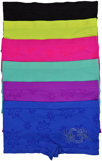ToBeInStyle Girl's Junior Pack of 6 Seamless Rhinestone Flower Boyshorts - One Size