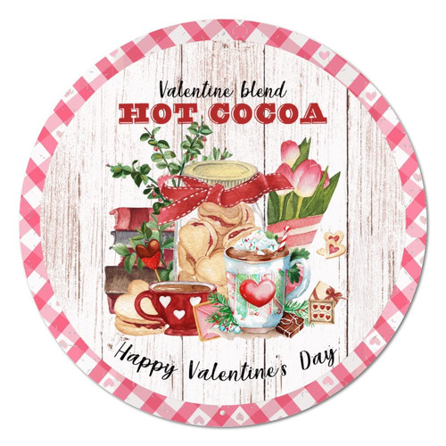 Round Metal Tin Sign Plaque Happy Valentine's Day Bear Valentine Blend Hot Cocoa Nostalgic Wall Bar Sign Vintage Circle Wreath Sign Metal Art Prints for Home Pub Indoor Valentine's Day Decor 9 Inch
