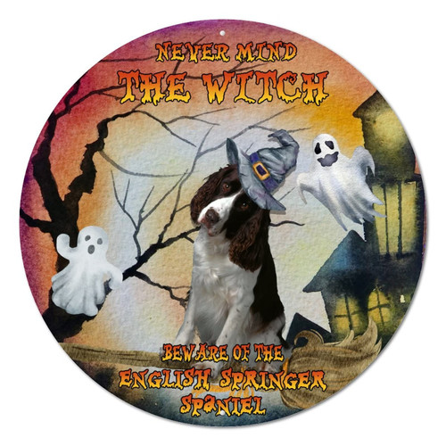 Round Metal Tin Sign Plaque Never Mind The Witch Beware of The Dog Circle Wreath Sign Vintage Pub Room Sign Funny Halloween Metal Poster for Backyard Home Man Cave Halloween Decor 9 Inch