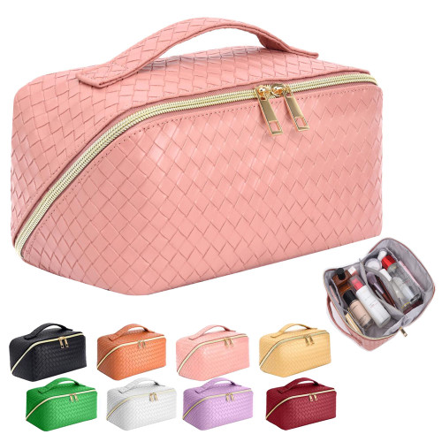ZAUKNYA Large Capacity Travel Cosmetic Bag - Makeup Bag, Portable Leather Waterproof Women Travel Makeup Bag Organizer, with Handle and Divider Flat Lay Checkered Cosmetic Bags (walnut pink) ZAUKNYA Large Capacity Travel Cosmetic Bag - Makeup Bag, Portable Leather Waterproof Women Travel Makeup Bag Organizer, with Handle and Divider Flat Lay Checkered Cosmetic Bags (walnut pink)
