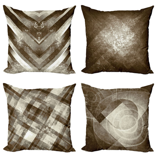 Ambesonne Grunge Throw Pillow Cushion Case Pack of 4, Modern Geometric Ornamental Shapes Circles Squares Zigzags and Stripes, Modern Accent Double-Sided Digital Printing, 18", Brown Eggshell and Taupe