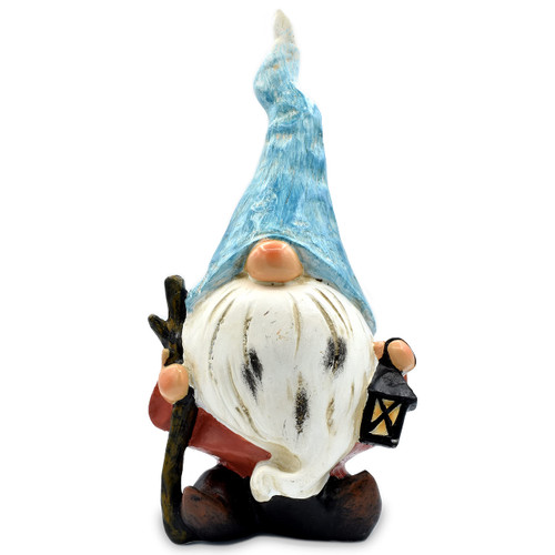 Hazel & Birch Outdoor Garden Gnomes Decorations - 9 inches Tall - Gnome Statues for Yard, Lawn, Patio, Porch - Hand Painted Decor, Weatherproof Gnome Figurine (Blue Hat Stick & Lantern Gnome)