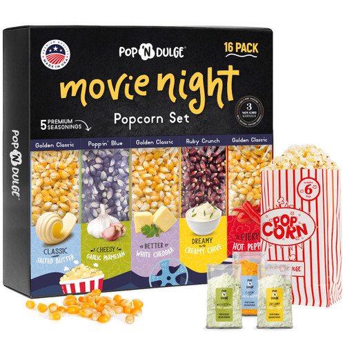 Popcorn Movie Night Supplies Popcorn Kernels and Popcorn Seasoning Set of 16, 5 Gourmet Popcorn Packs and 5 Popcorn Seasoning Variety Pack With 6 Popcorn Bags, Non-GMO Snacks Gift Basket Idea