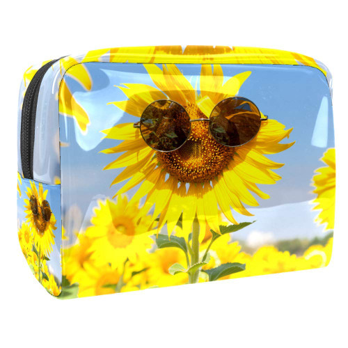 Portable Makeup Bag with Zipper Travel Toiletry Bag for Women Handy Storage Cosmetic Pouch Sunflower Glasses
