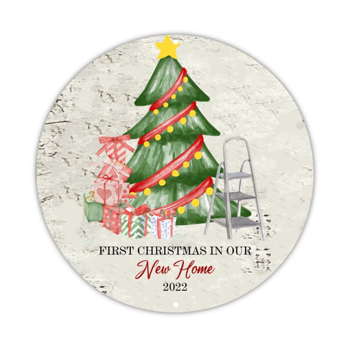 Welcome Sign First Christmas in Our New Home Round Tin Sign Tree with Christmas Gift Sign Let It Snow Wall Decor Art Sign For Home Garden Bar Cafe Restaurant Garage 9x9in