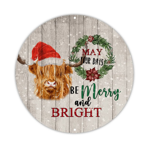 Welcome Sign Be Merry And Bright Round Tin Sign Farm Yak Mistletoe Wreath Sign Christmas Joy Art Wall Plaque For Coffee Garage Kitchen Club Cafe Home 9x9in