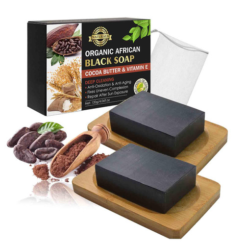 HCIOT Organic Cocoa Butter Deep Cleansing Black Soap, African Black Soap Bars with Vitamin E, Natural Face Soap & Body Soap for Acne Dark Spot Remover (2PCS)