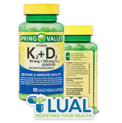 k2 + D3 for Bone & Immune Health. Includes Luall Sticker + Spring Valley Vitamin K2 (90mcg) + D3 (125mcg) 90 Vegetarian Capsules (1)