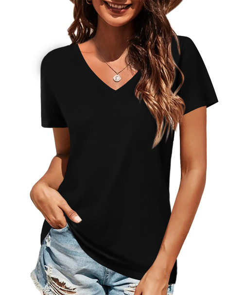 Elesomo Women T-Shirts Short Sleeve Tops V Neck Cotton Tee Shirts, Black L Elesomo Women T-Shirts Short Sleeve Tops V Neck Cotton Tee Shirts, Black L
