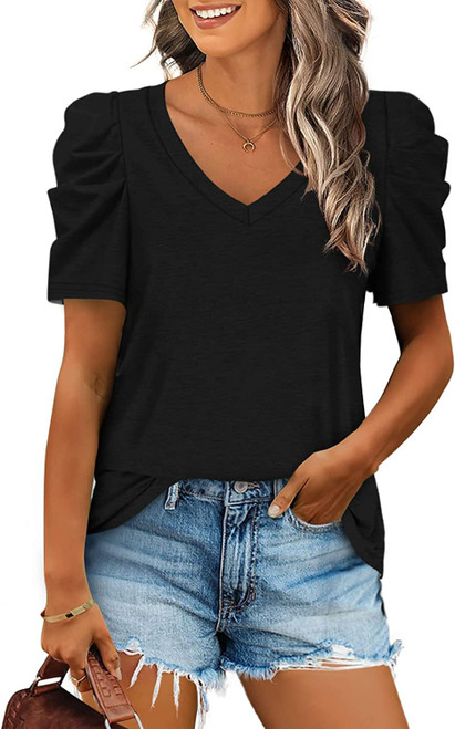 LCXWFE Womens Casual V Neck T Shirt Puff Sleeve Tops Ruched Elegant Summer Shirts