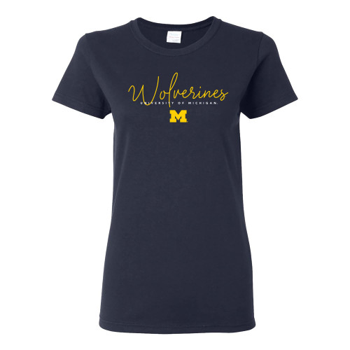 LS1347 - Michigan Wolverines Thin Script Womens T Shirt - Large - Navy