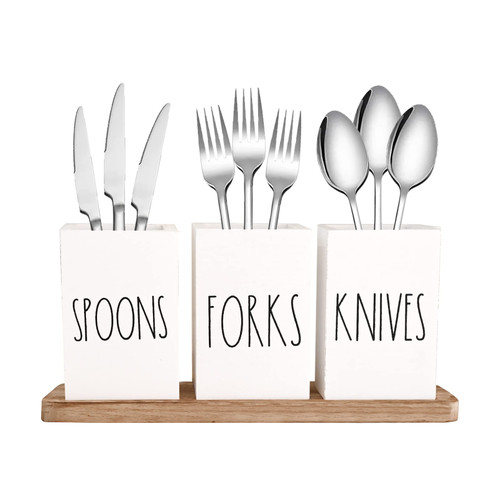 CHONIC Farmhouse Silverware Holder, Rustic Wood Silverware Caddy with Tray, Spoon Fork Knives Flatware Dispenser, Utensil Countertop Organizer, Plastic Cutlery Holder for Kitchen Party (White) CHONIC Farmhouse Silverware Holder, Rustic Wood Silverware Caddy with Tray, Spoon Fork Knives Flatware Dispenser, Utensil Countertop Organizer, Plastic Cutlery Holder for Kitchen Party (White)