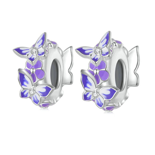 Charm Bracelet Spacer Beads Sterling Silver 2pcs Rubber Stopper Charm Spacer Beads for Pandora Charm Bracelet Compatible with European Charm Bracelet Beads (Purple Butterfly)
