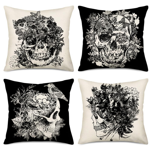 Halloween Skull Pillow Covers 20x20 Inch Set of 4 Goth Halloween Decorations Black White Skeleton with Flower Butterfly Cotton Linen Pillow Cases for Home Sofa Couch