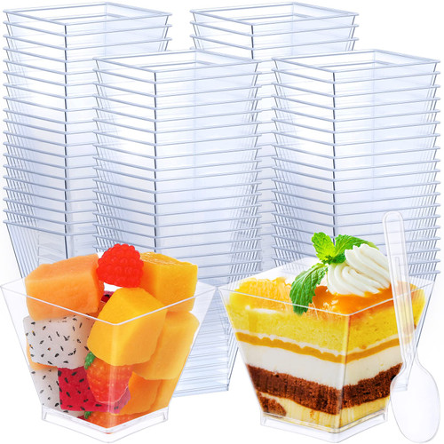 Suclain 200 Pack Dessert Cups with Spoons, Square Clear Plastic Appetizer Parfait Cups Disposable Dessert Tumbler Cups for Tasting Party Appetizers Fruit Parfait Trifle Mousse Pudding (2 Oz) Suclain 200 Pack Dessert Cups with Spoons, Square Clear Plastic Appetizer Parfait Cups Disposable Dessert Tumbler Cups for Tasting Party Appetizers Fruit Parfait Trifle Mousse Pudding (2 Oz)